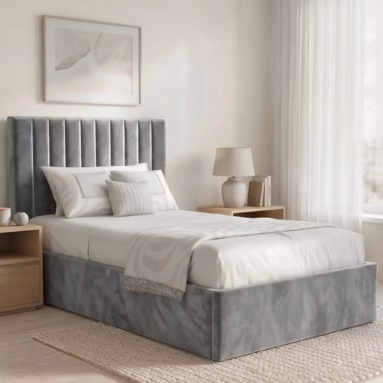 DHS Vertical Line Single Ottoman Storage Bed Frame in Grey Velvet