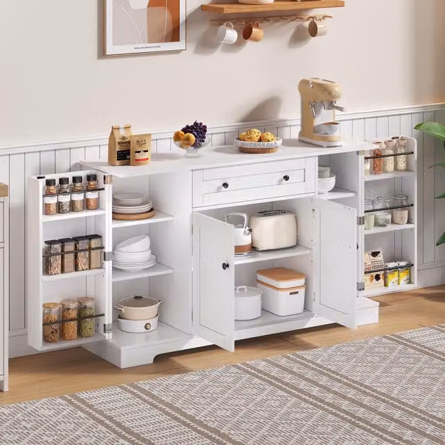 Aosom UK Multifunctional Kitchen Sideboard with Double-Door Compartment and Adjustable Shelves, White, W: 138 cm, D: 40 cm, H: 85 cm
