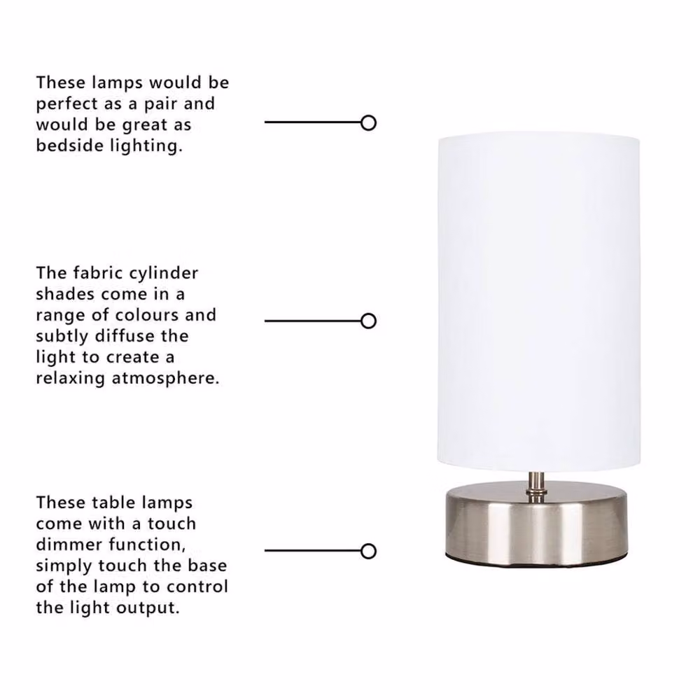 FORGEVIO Chrome and White Touch Bedside Table Lamp, Height: 24 cm – 2
