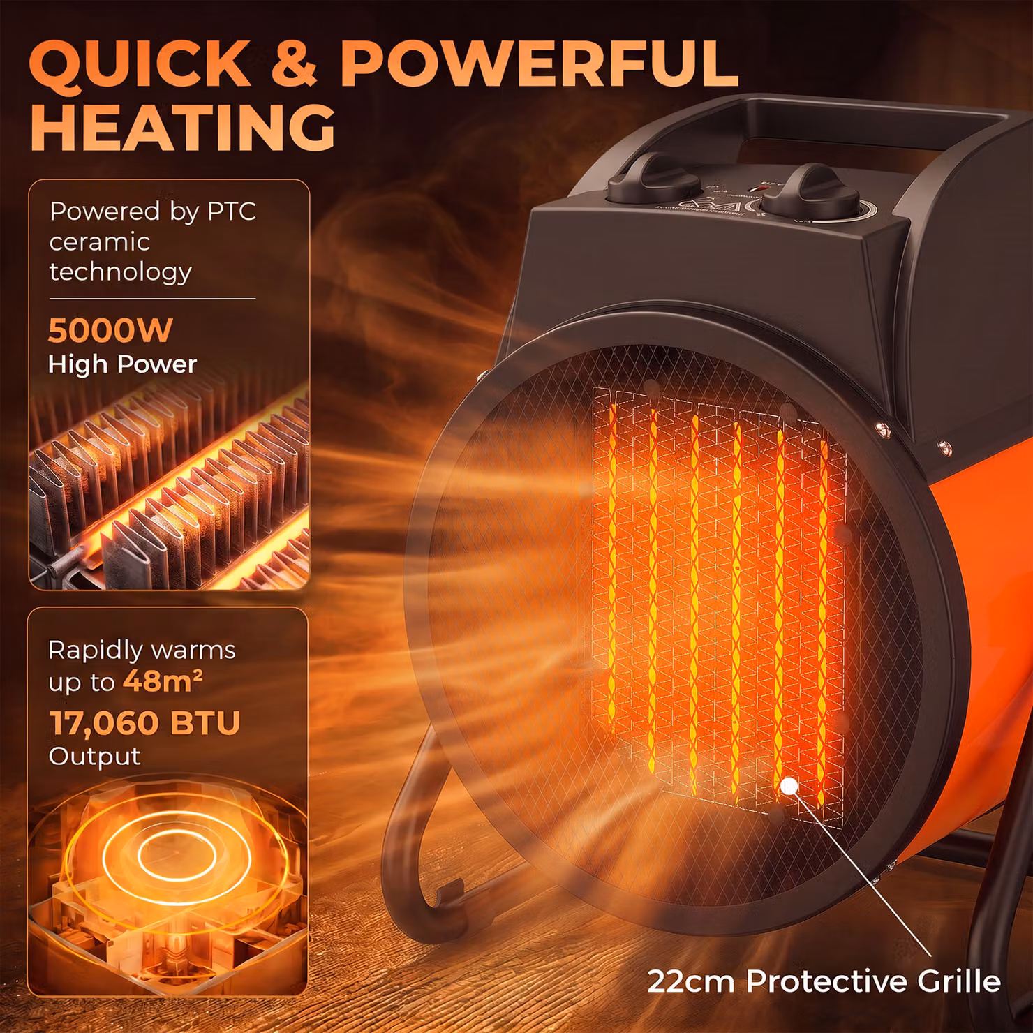 Outsunny Industrial Ceramic Fan Heater, 5000W Orange Electric Space Heater with Adjustable Thermostat and Overheat Protection – 4