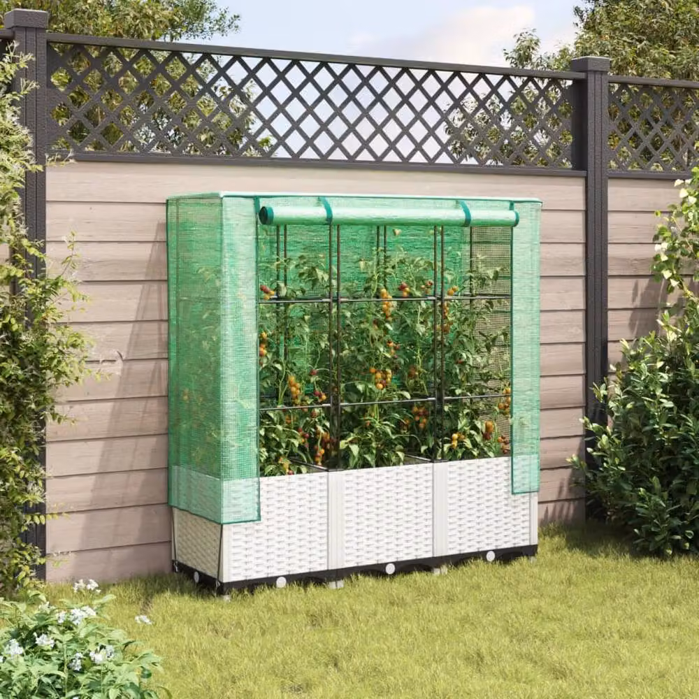 Berkfield Home Raised Bed with Greenhouse Cover in White Rattan Look, W/D/H: 120 x 40 x 138 cm – 2