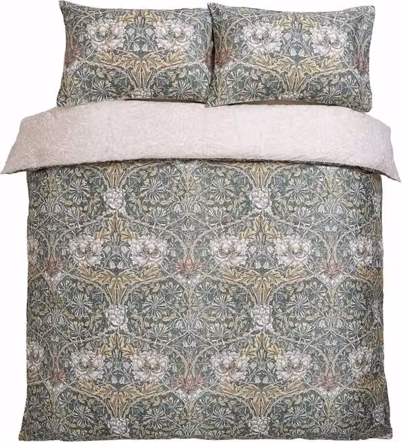 William Morris At Home Set of 2 Reversible Floral Honeysuckle and Tulip Cotton Pillowcases in Green Mix