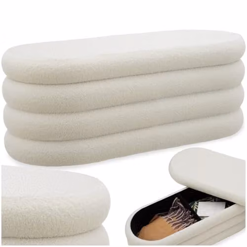 tectake Storage Bench with Bouclé or Velvet Cover, W/D/H: 110 x 45 x 42 cm, Upholstered Ottoman with 150 kg Load and Removable Top Pad in Beige or White – 1