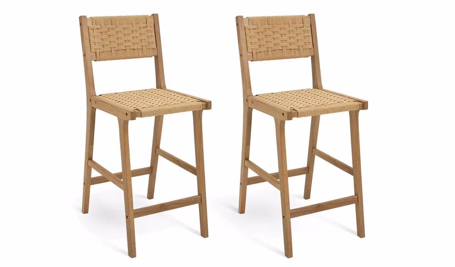 Faro Pair of Woven Oak Bar Stools in Natural Brown with Paper Cord Seat