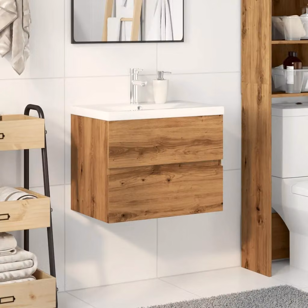 Berkfield Home Artisan Oak Sink Cabinet with Built-in Basin in Brown, W/D/H: 61 x 39.5 x 49 cm – 2