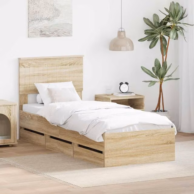 Berkfield Home Sonoma Oak Bed Frame with Drawer in Brown, W: 75 cm x L: 190 cm