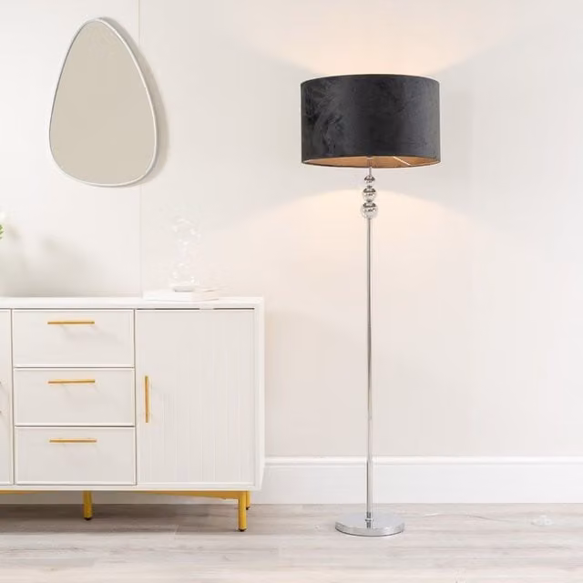 ValueLights Chrome Stacked Ball Floor Lamp with Black Velvet Drum Shade and LED Bulb