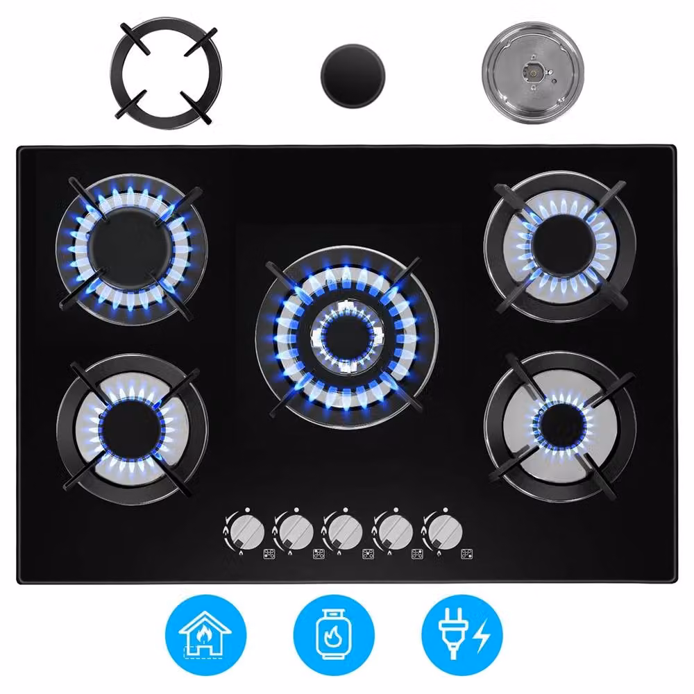 SPETLEK 5 Burner Built-in Gas Hob, 77cm, Black Tempered Glass with Cast Iron Pan Supports – 3