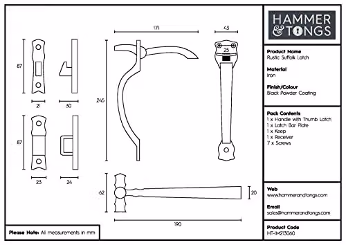 Hammer and Tongs Rustic Suffolk Iron Door Latch, Black, Pack of 2 – 2