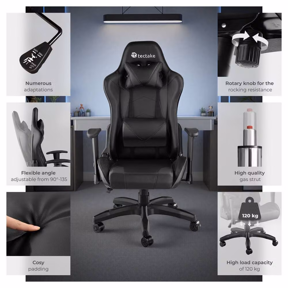 tectake Stealth Gaming Chair in Black with Synthetic Leather and Headrest – 6