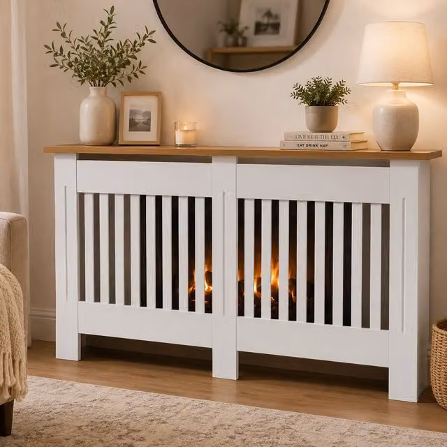 Gr8 Home Large White Wooden Radiator Cover MDF Slatted Grill Cabinet Display Shelf, Width: 152 cm