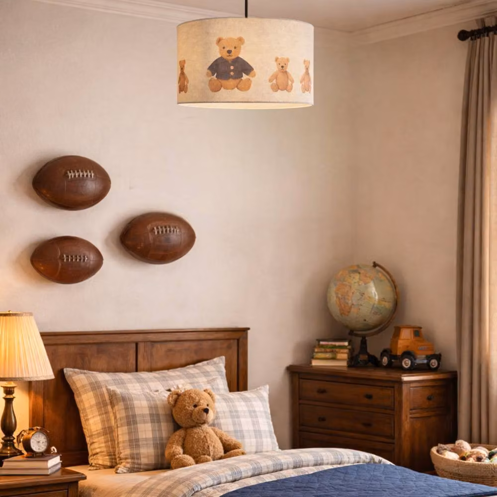 CGC Lighting Blake Round Drum Childrens Fabric Lampshade in Blue and Beige, Diameter: 45 cm – 5