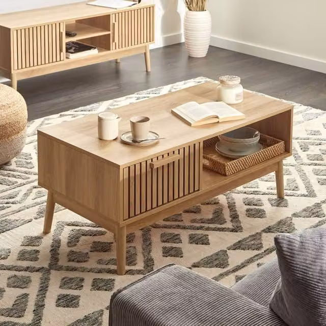Wyld and Coco Rustic Coffee Table with Drawer and Open Shelf, Brown Wood Top and Pine Legs, W/D/H: 100 x 50 x 43 cm – 1