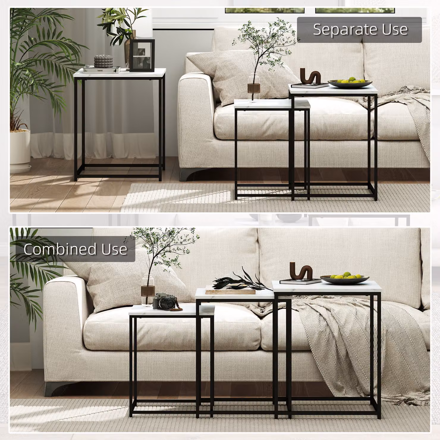 HOMCOM Set of 3 Nesting Side Tables with Faux Marble Effect Top and Steel Legs in White – 3
