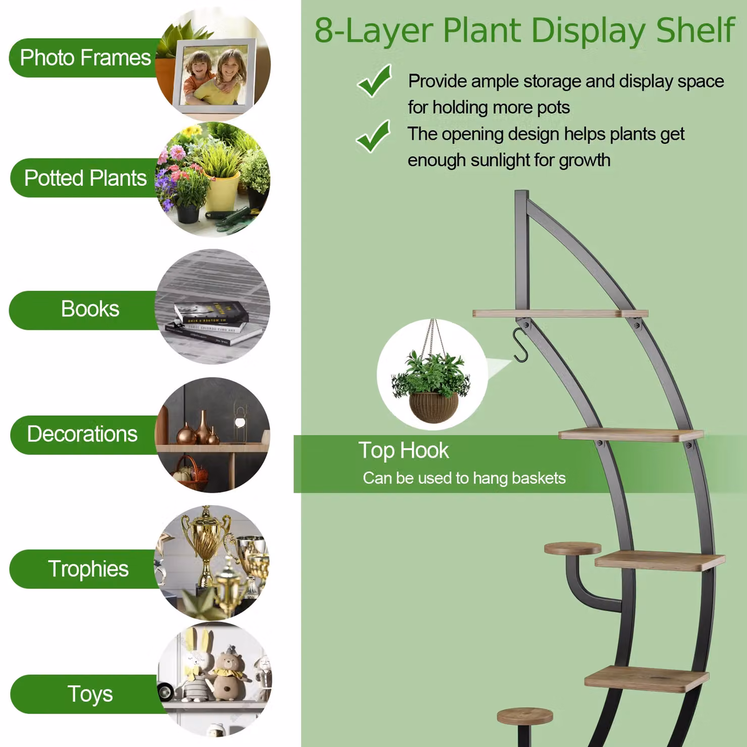Costway Set of 2 Tall Wooden 8-Tier Plant Stand Racks in Natural Brown with Curved Half Moon Ladder Shelf Design – 4