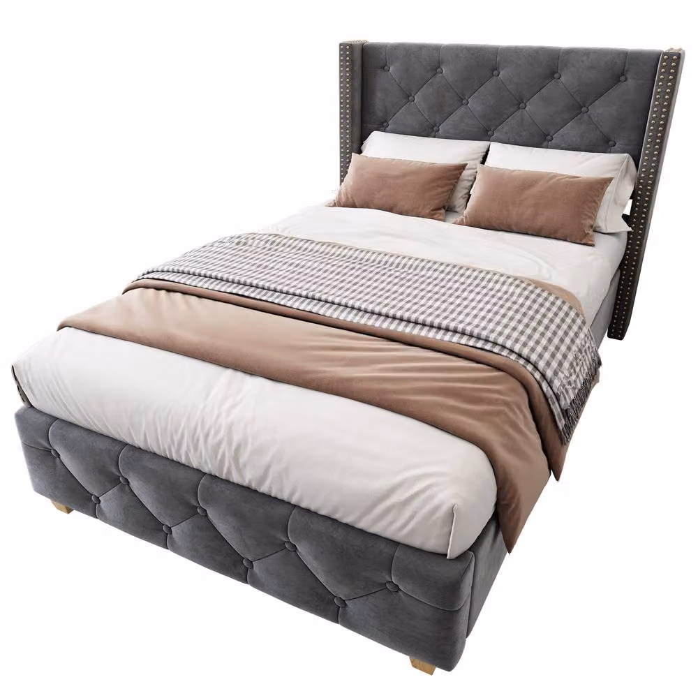 Matteo Grey Velvet Upholstered Single Bed W/D/H: 90 x 190 x 108 cm – 2