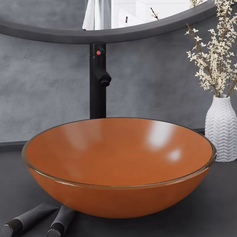 Berkfield Home Brown Tempered Glass Round Countertop Bathroom Sink with Tap and Push Drain