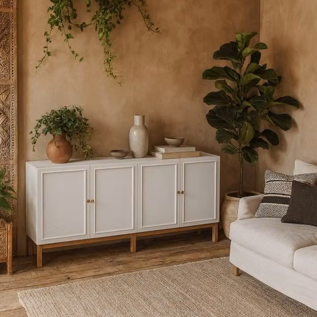 Wyld Haus Sofia Sideboard in Light Grey and Oak with 4 Doors and 1 Drawer