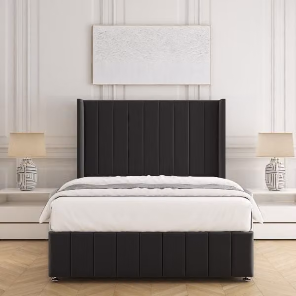 BSSPOKE Zoe Plush Velvet Divan Bed Set with 54 inch Headboard and Mattress in Black, W/D/H: 90 x 190 cm