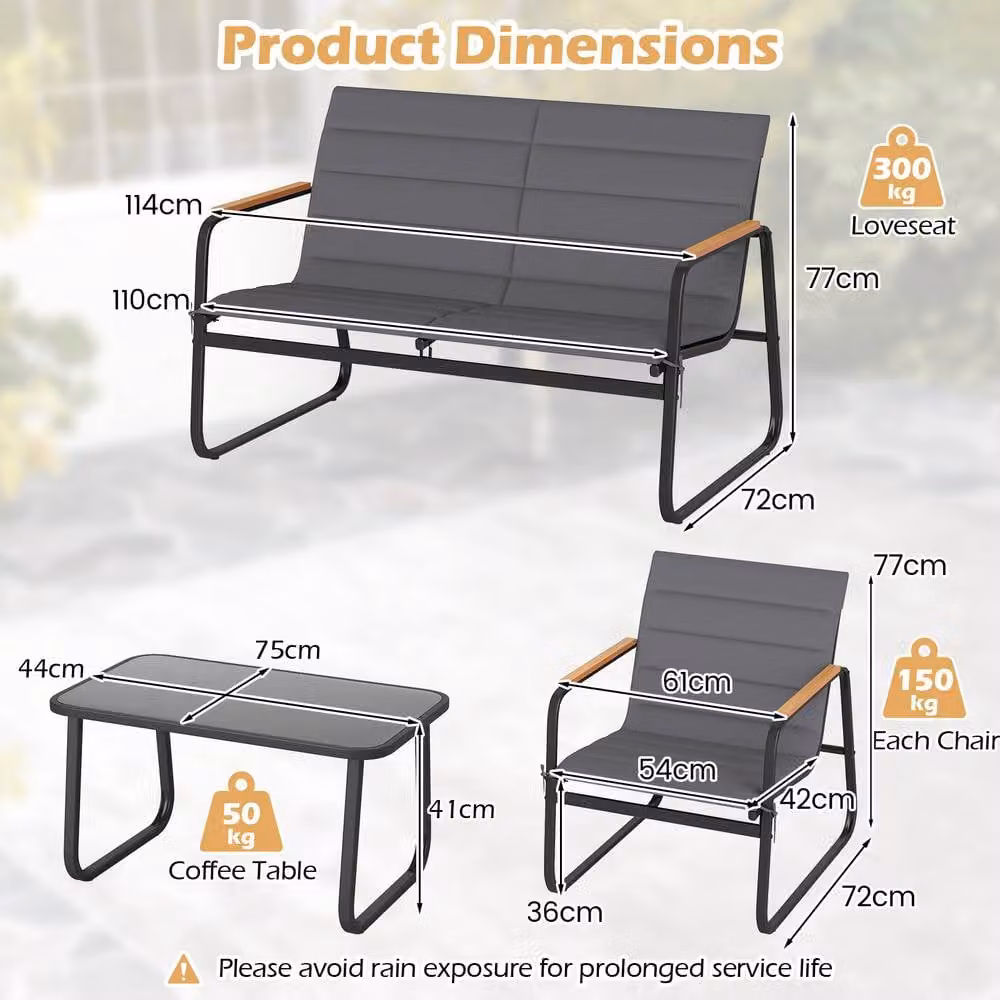 Gymax 4-Piece Modern Outdoor Furniture Set in Grey with Glass Coffee Table, 2-Seater Sofa, Armchair and Upholstered Cushions – 2