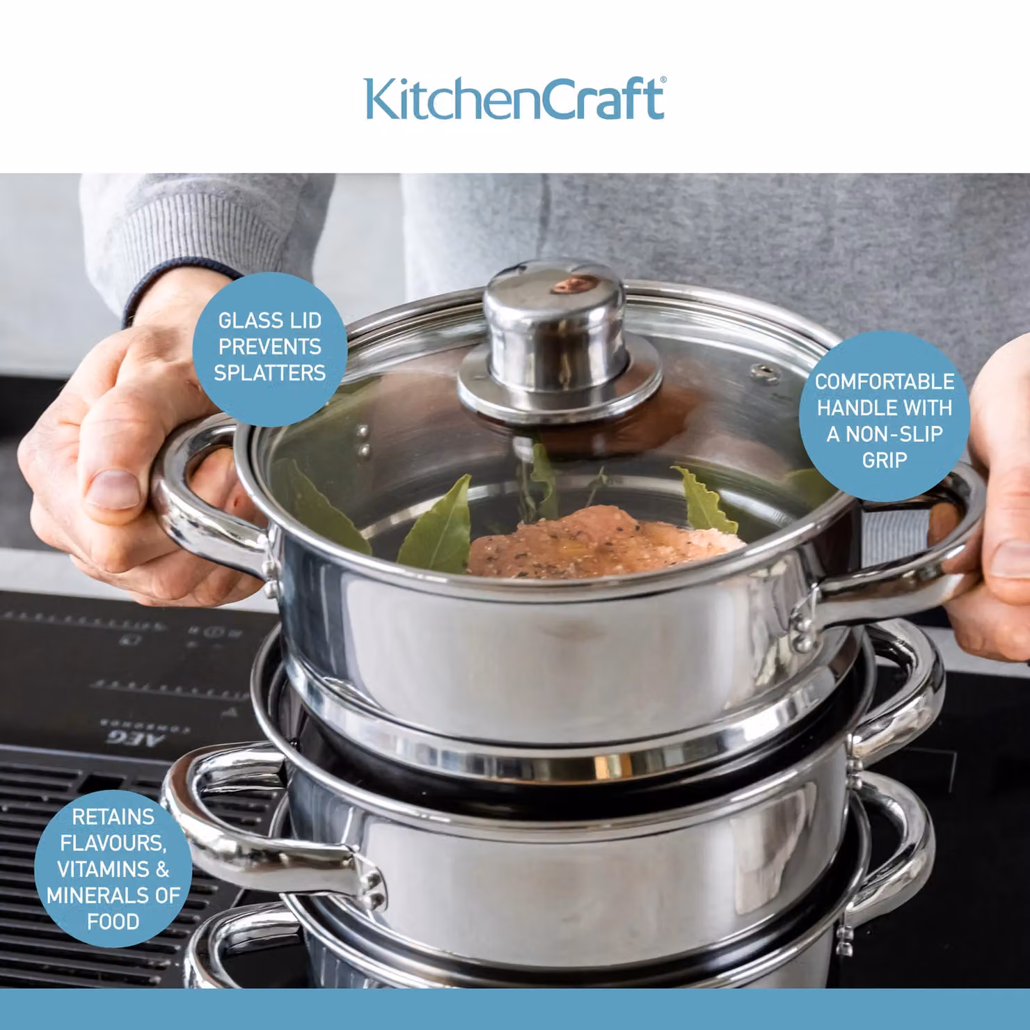 KitchenCraft Stainless Steel Three Tier Steamer Pot with Glass Lid, Grey/Silver, 18 cm – 4