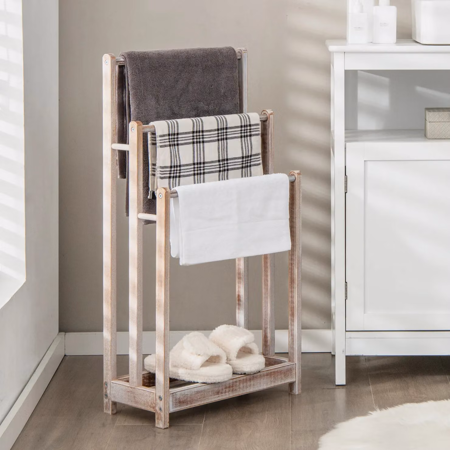 Costway Freestanding 3-Tier Wood Towel Rack and Drying Stand in Brown or Sand – 3
