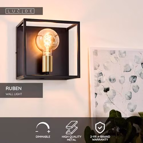 Lucide Ruben Black Metal Wall Light with Transparent Glass Shade and E27 Socket – 2