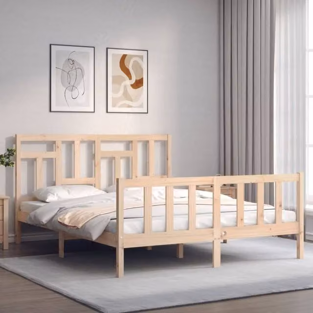 Berkfield Home Beautiful Bed Frame with Headboard in Beige Solid Pine Wood, W/D/H: 160 x 200 x 165.5 cm – 1