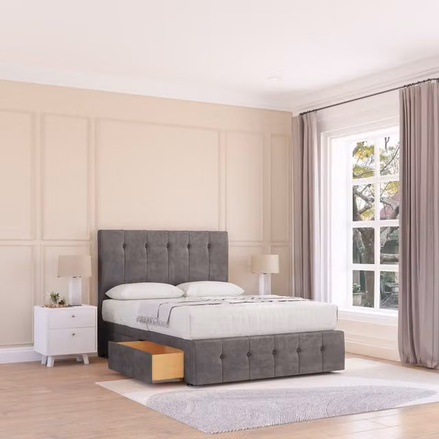 Sloomy Highbury Grey Fabric Upholstered Divan Bed Base and Floor Standing Headboard, W/D/H: 140 x 200 cm