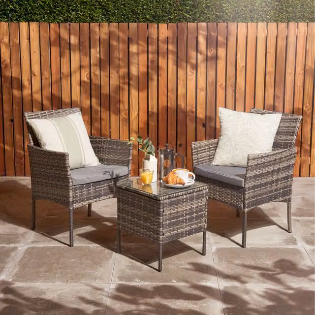 Home Treats 2 Seater Grey Rattan Garden Furniture Set with Glass Table