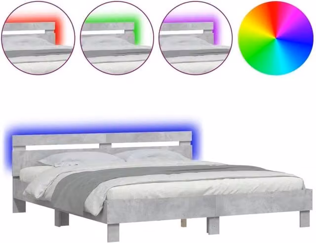 Berkfield Home Modern Bed Frame with LED Under-Bed Lighting and USB Charging Port in Concrete Grey, W/D/H: 200 x 200 cm – 1