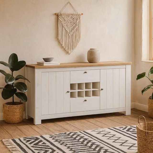 Wyld Haus Tipsyfern White and Natural Oak Sideboard with 2 Doors, 2 Drawers and Wine Rack