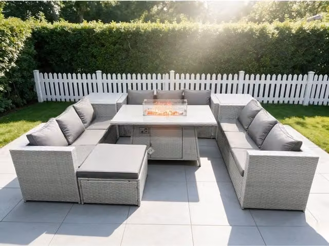 Fimous U-Shape Outdoor Lounge and Dining Set in Light Grey with 3-Seater Sofa, Coffee Table and Ottoman