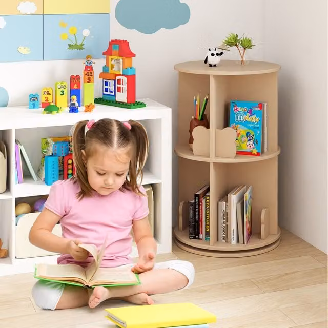 COSTWAY Kids Rotating Bookshelf in Natural Wood