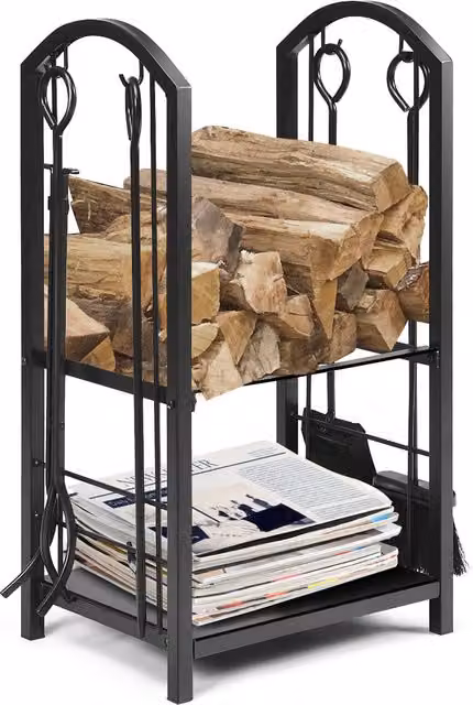COSTWAY Black Metal Fireplace Log Rack with Fireplace Tools