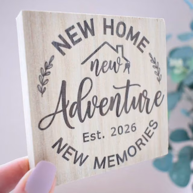 Amaya Rose Ltd New Home, Adventure, Memories Est 2026 Solid Wood Wall Plaque Shelf Decor in Beige