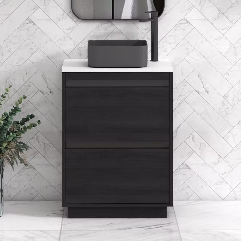 Royal Bathrooms Orion 600mm Hale White Floor Standing Vanity Unit with 2 Drawers and Art Square Basin in Black