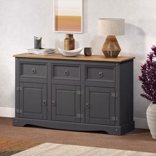 Merrcers Furniture Rustic Waxed Wood 3 Door Sideboard in Grey