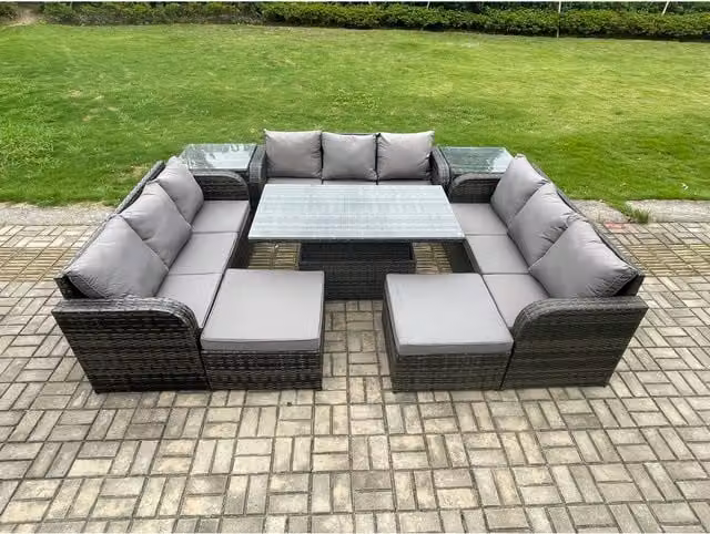 Fimous 11-Seater Grey Outdoor Rattan Furniture Set with Height Adjustable Lift Table, 2 Side Tables and 2 Footstools