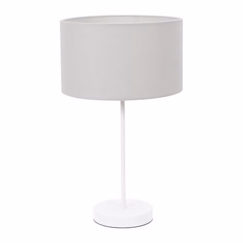 ValueLights White Metal Single Stem Table Lamp with Grey Fabric Drum Lampshade and Included LED Bulb