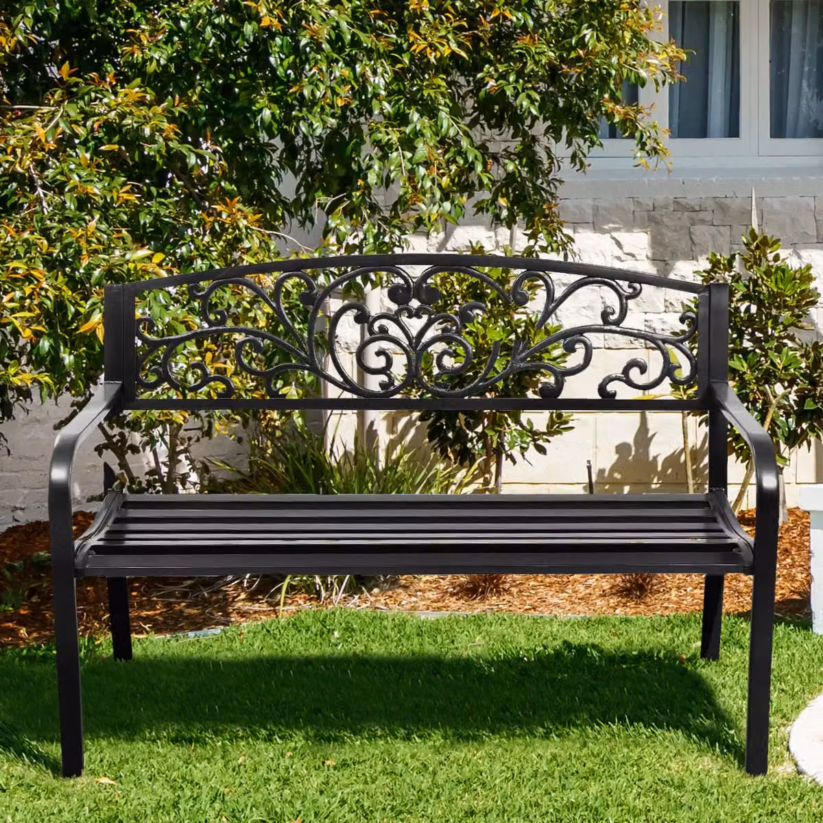 Gymax Classic Floral Pattern Metal Garden Bench in Black – 6