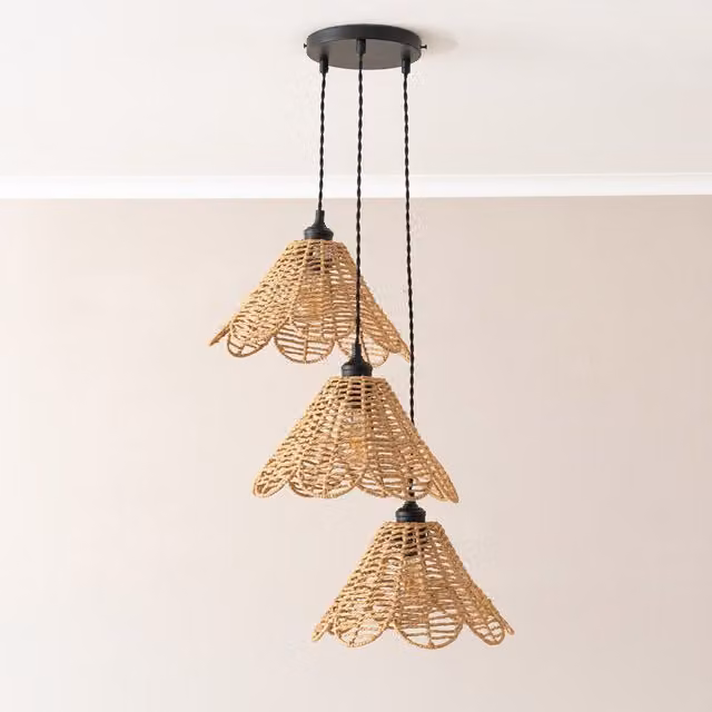 ValueLights Vine Rattan Flower 3 Drop Cluster Pendant Ceiling Light in Black