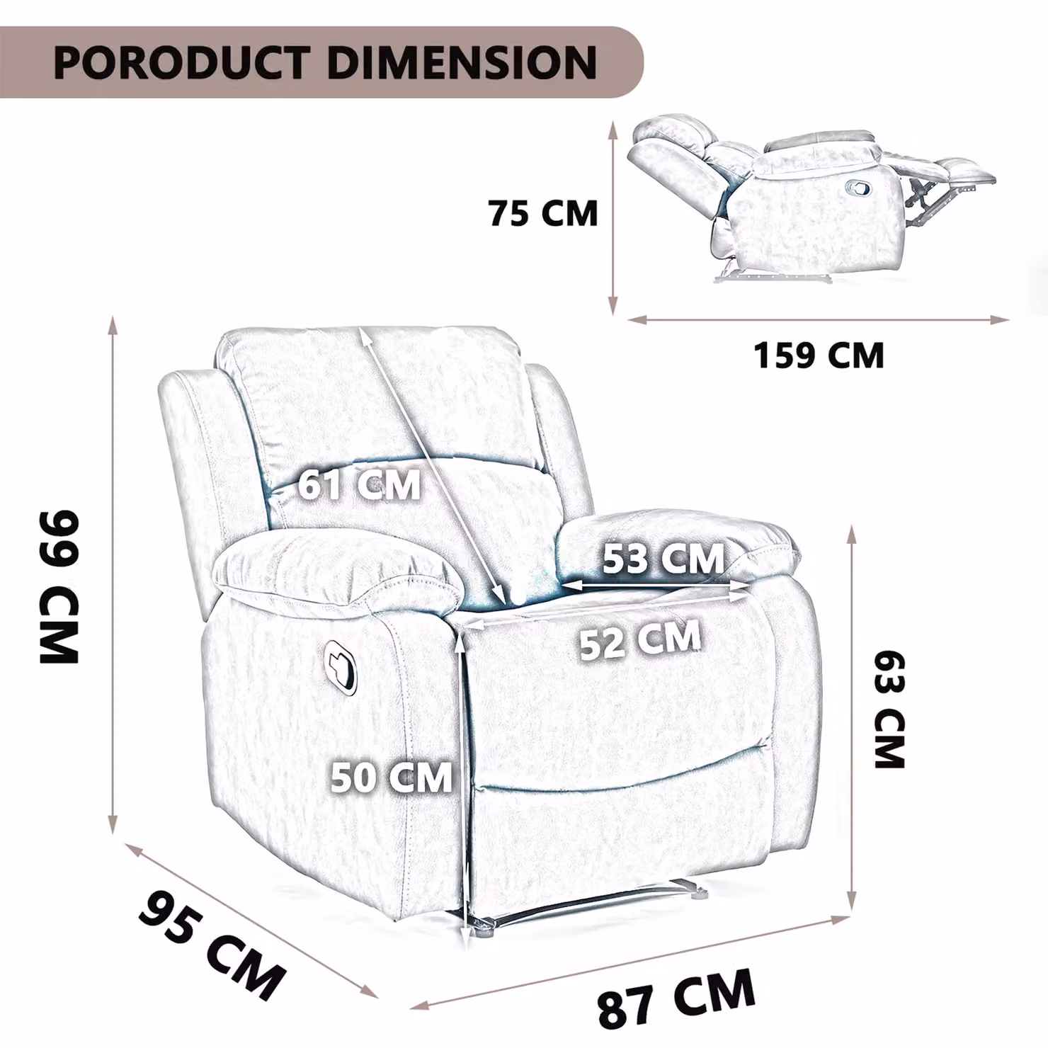 FURNITURE ONE Manual Recliner Sofa, Grey Corduroy Fabric 1 Seater Armchair – 4