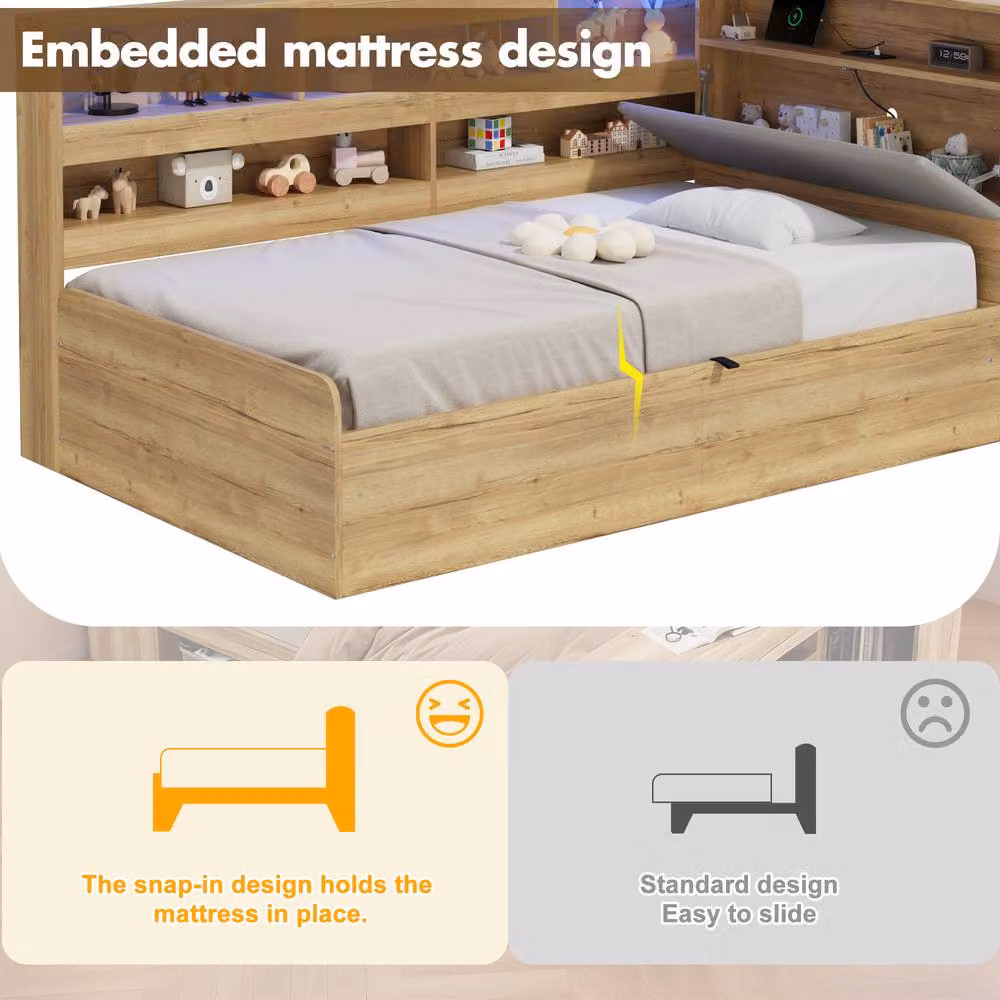 BTM Single Wooden Daybed with Hydraulic Lift-Up Storage, LED Lighting and USB Charging Port in Natural Brown, W/D/H: 90 x 190 cm – 5