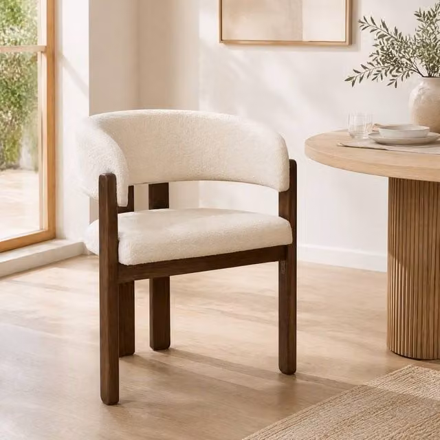 STILVORA Set of 4 Beige Boucle Upholstered Dining Chairs with Armrests and Wood Legs – 1