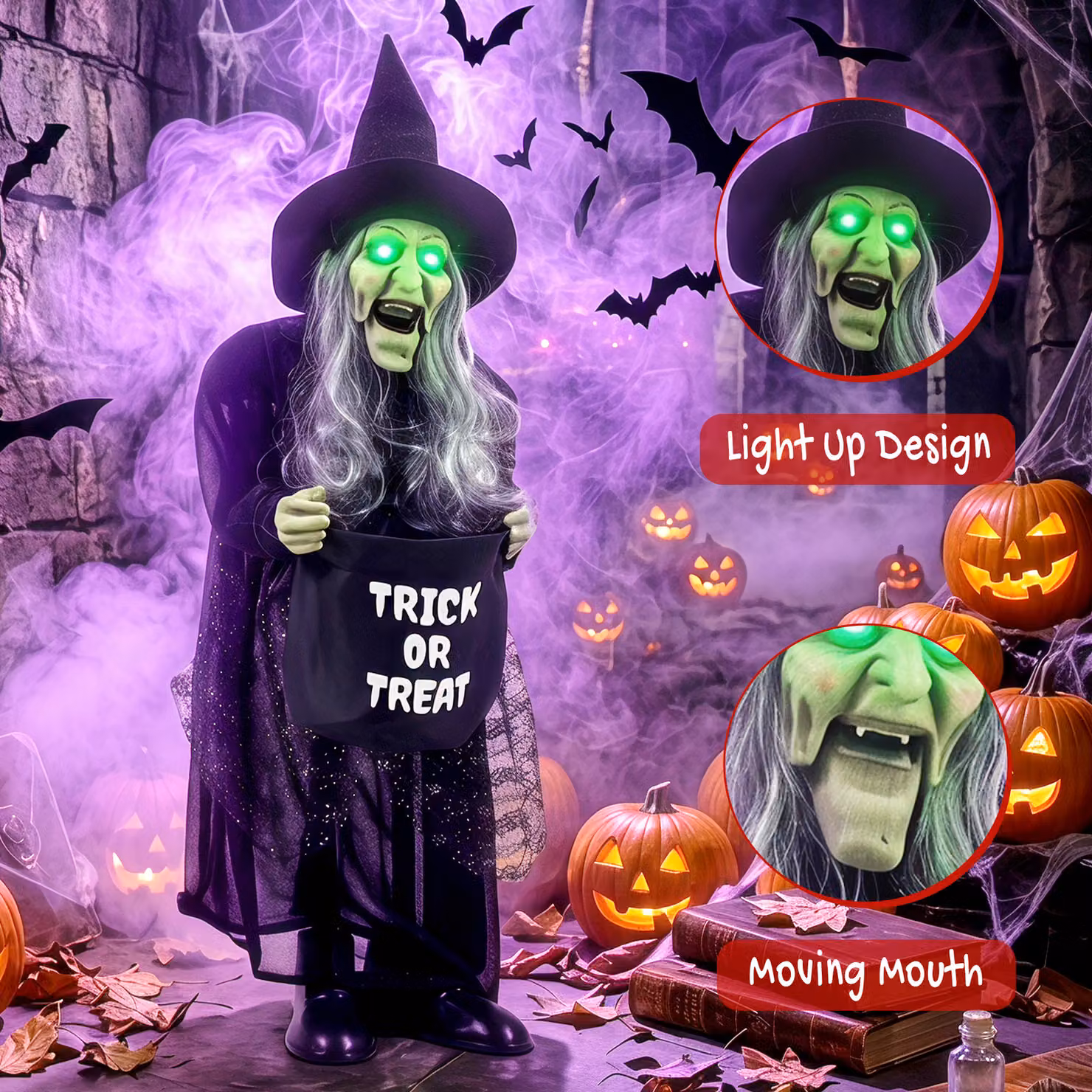 HOMCOM 94cm Animated Witch Halloween Decoration with Sound and Light Up Eyes in Black, Silver and Green – 5
