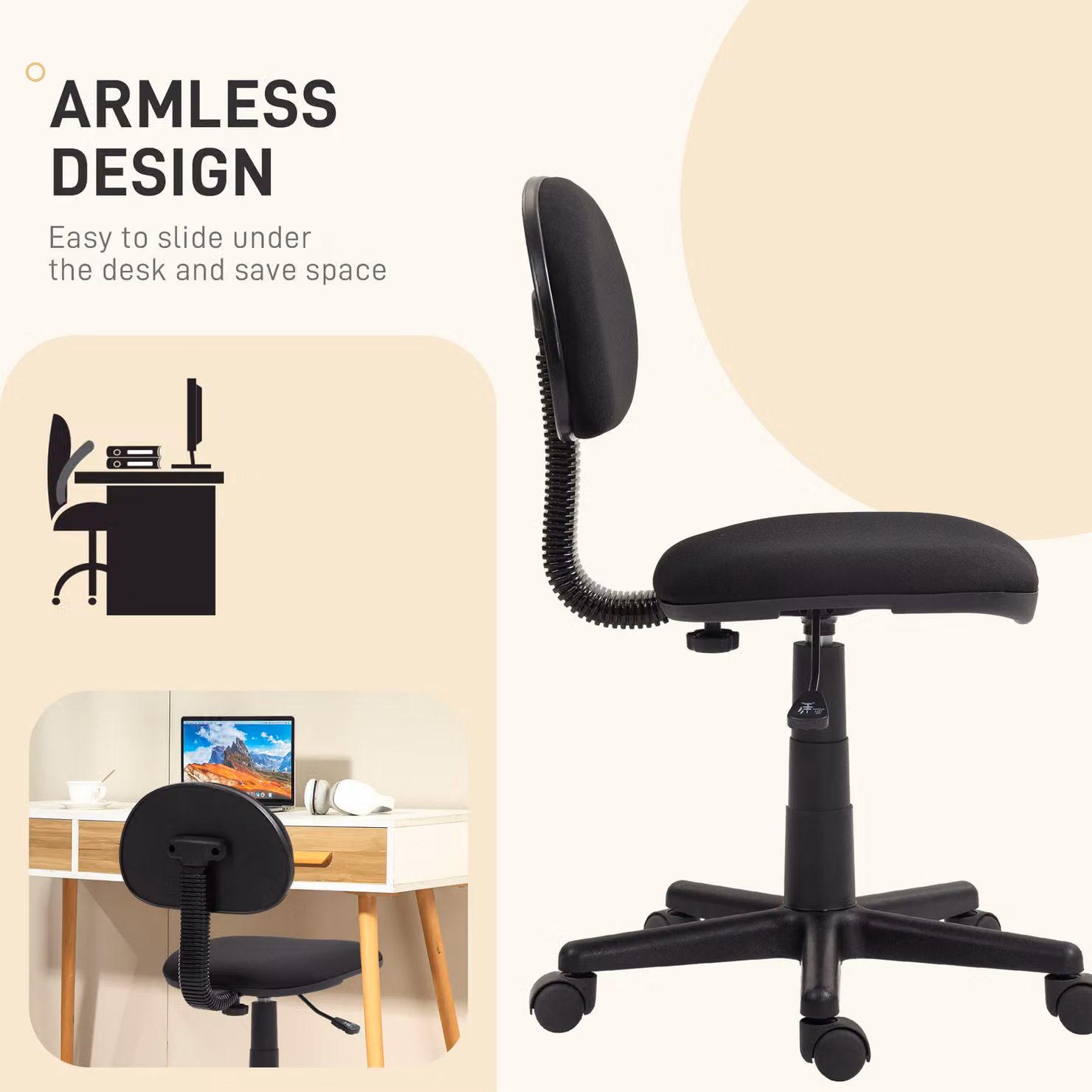 HOMCOM Black Armless Task Chair with Adjustable Height, Swivel Wheels and Fabric Seat, W/D/H: 40 x 120 x 40 cm – 6