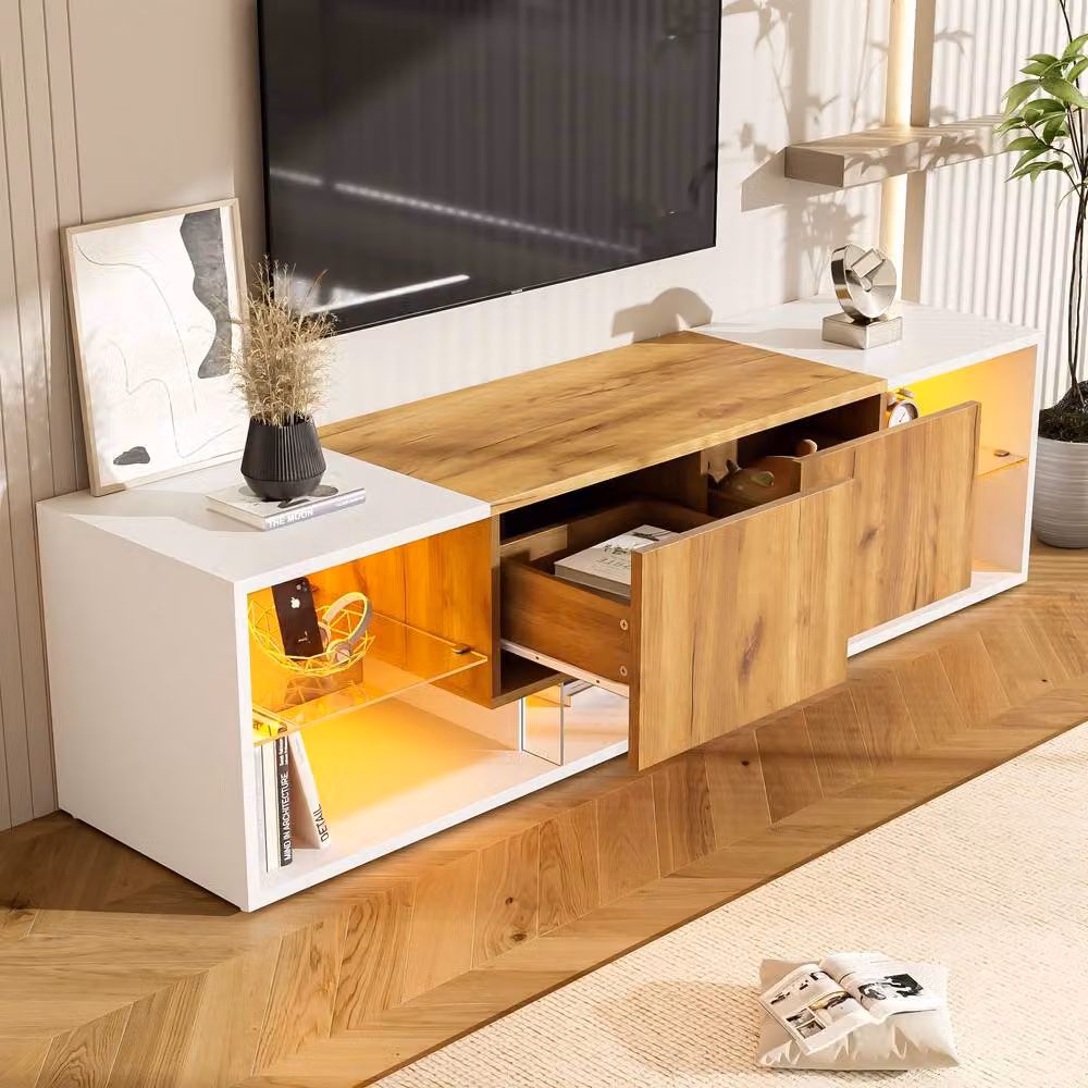 ModernLuxe Modern TV Cabinet with LED Light, 2 Drawers and 5 Open Shelves, White and Multicolour, W: 160 cm, D: 40 cm, H: 42 cm – 2