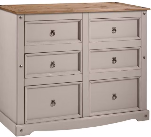 Mercers Furniture Corona 6 Drawer Wide Chest of Drawers in Distressed Grey Waxed Pine, W/D/H: 133 x 48 x 103 cm