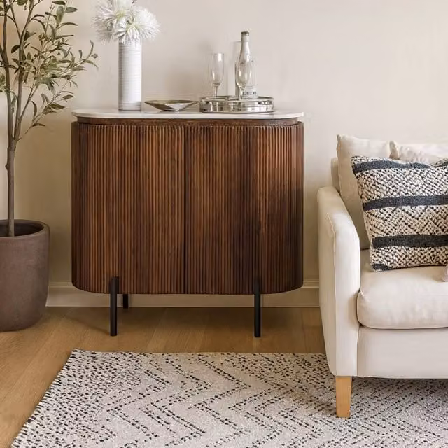 Wyld Haus Alabama Ribbed Mango Wood Sideboard Drinks Cabinet with Marble Top in Brown and Black